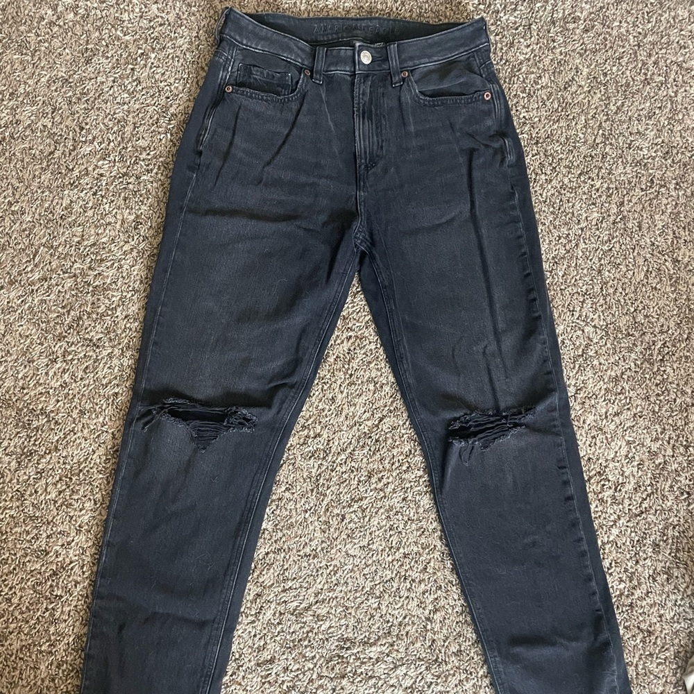 American Eagle Outfitters Women's High Rise Black Distressed Mom Jeans